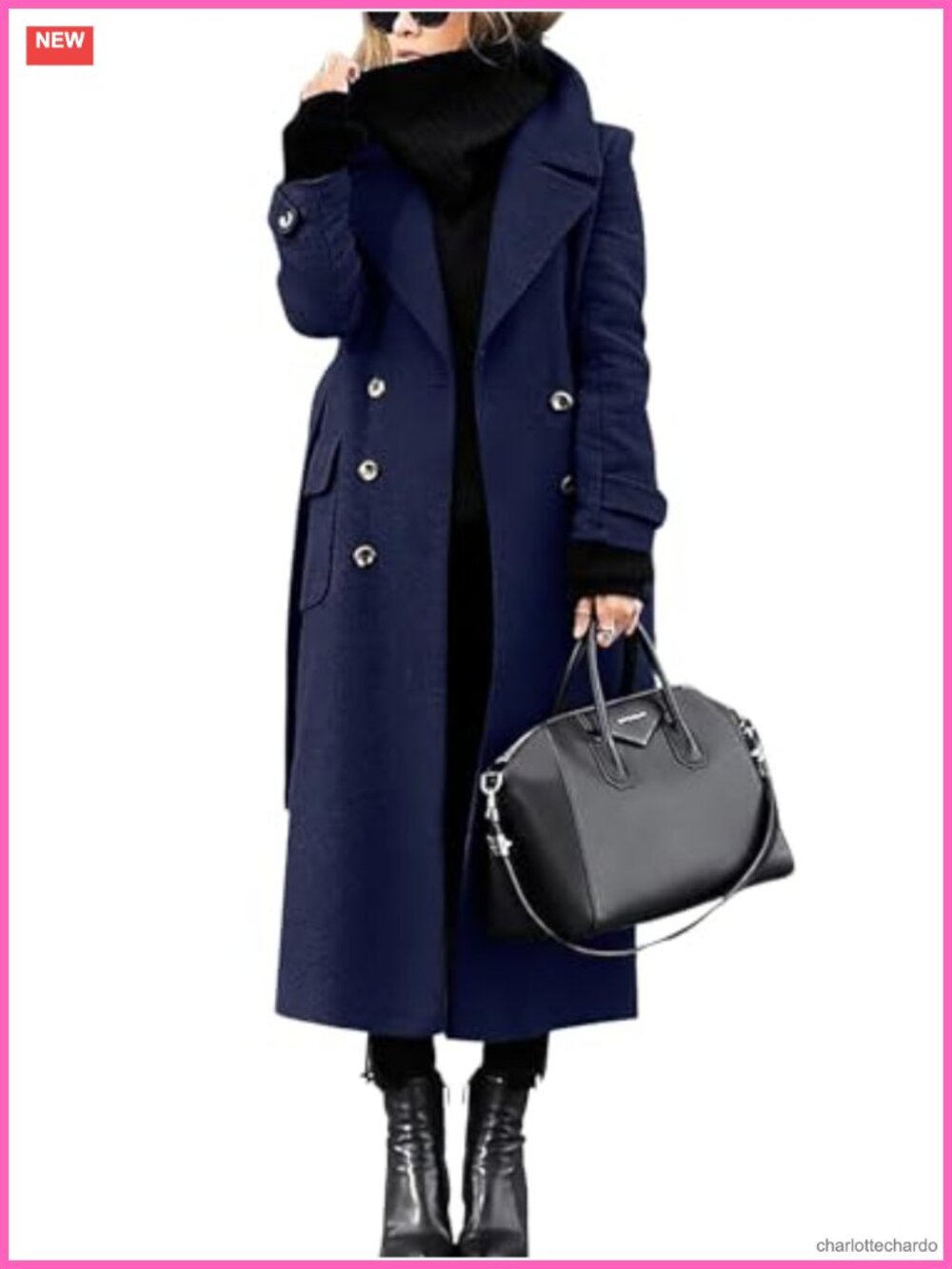 Womens Long Double Breasted Pea Coat Notch Collar Wool Blend Winter Overcoat